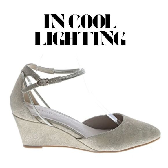 Steffie's Shoes I Size 10 I Suede Metallic Wedge Heel Strap Landmark I Tan Beige - Picture 10 of 16